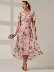Jolie Moi Pink Chelsea Pleated Chiffon Dip Hem Maxi Dress - Image 1 of 7
