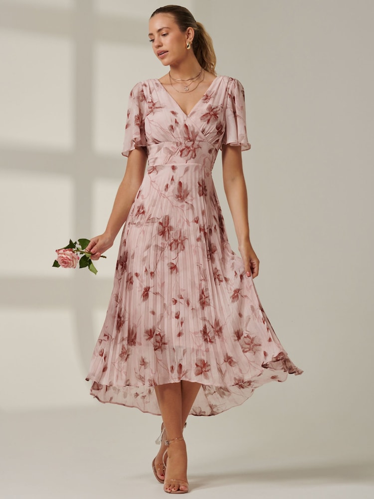 Jolie Moi Pink Chelsea Pleated Chiffon Dip Hem Maxi Dress - Image 1 of 7