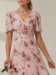 Jolie Moi Pink Chelsea Pleated Chiffon Dip Hem Maxi Dress - Image 3 of 7