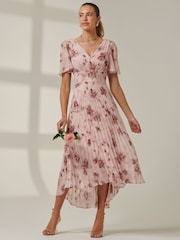 Jolie Moi Pink Chelsea Pleated Chiffon Dip Hem Maxi Dress - Image 4 of 7