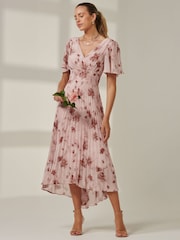 Jolie Moi Pink Chelsea Pleated Chiffon Dip Hem Maxi Dress - Image 5 of 7
