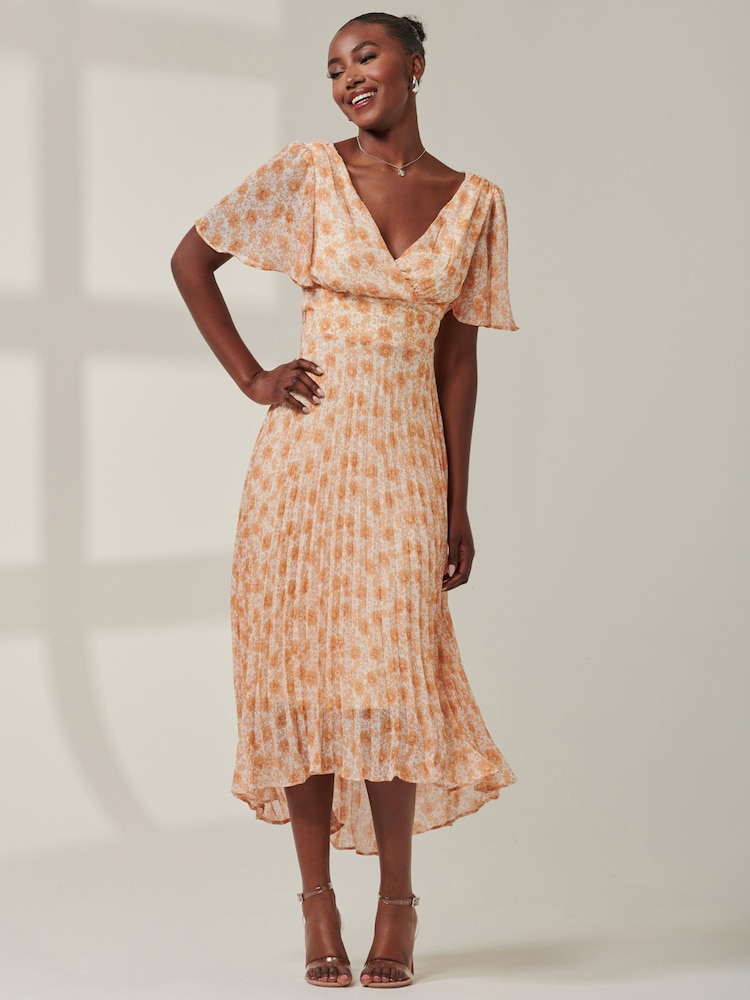 Jolie Moi Orange Chelsea Pleated Chiffon Dip Hem Maxi Dress - Image 4 of 6