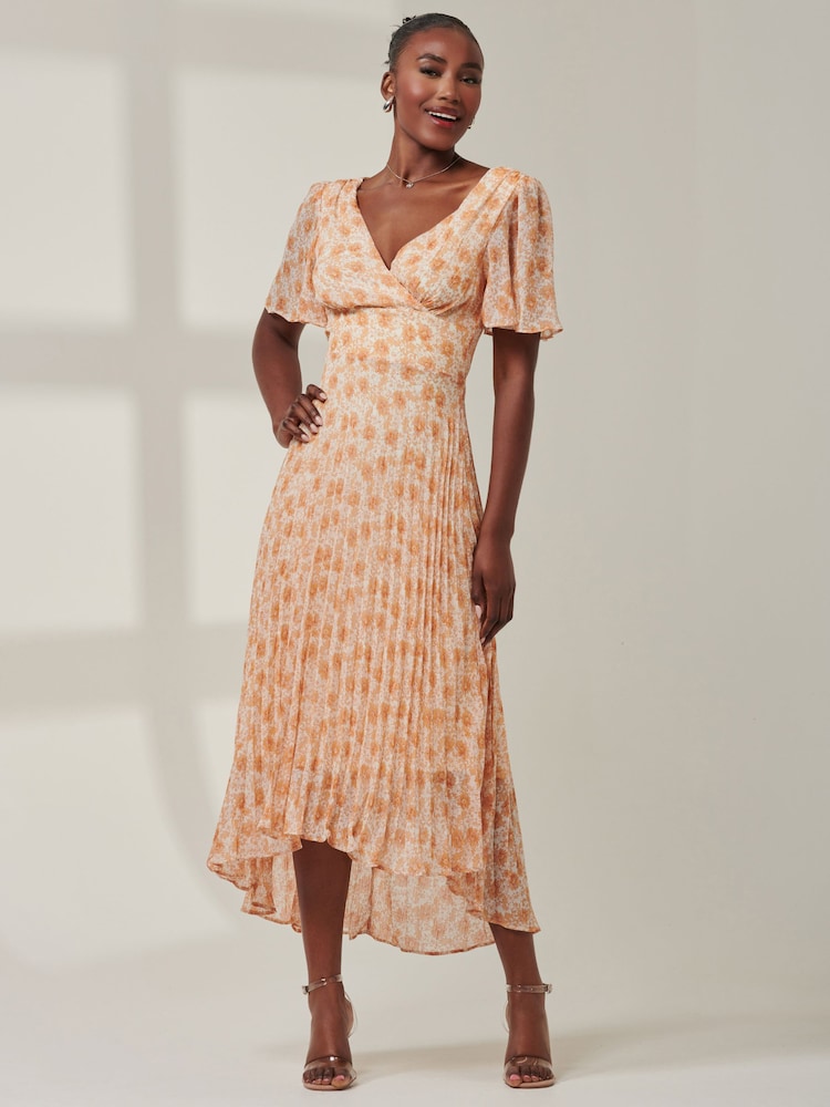 Jolie Moi Orange Chelsea Pleated Chiffon Dip Hem Maxi Dress - Image 5 of 6