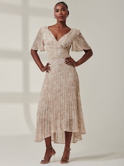 Jolie Moi Natural Chelsea Pleated Chiffon Dip Hem Maxi Dress - Image 1 of 6