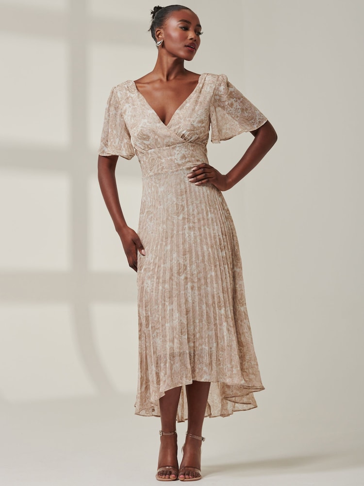 Jolie Moi Natural Chelsea Pleated Chiffon Dip Hem Maxi Dress - Image 6 of 6