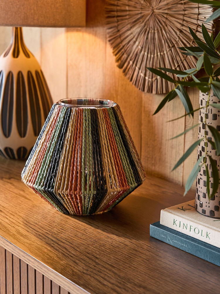 Brown/Orange/Blue Striped Woven Hurricane Candle Holder - Image 2 of 6 Brown/Orange/Blue Striped Woven Hurricane Candle Holder - Image 2 of 6