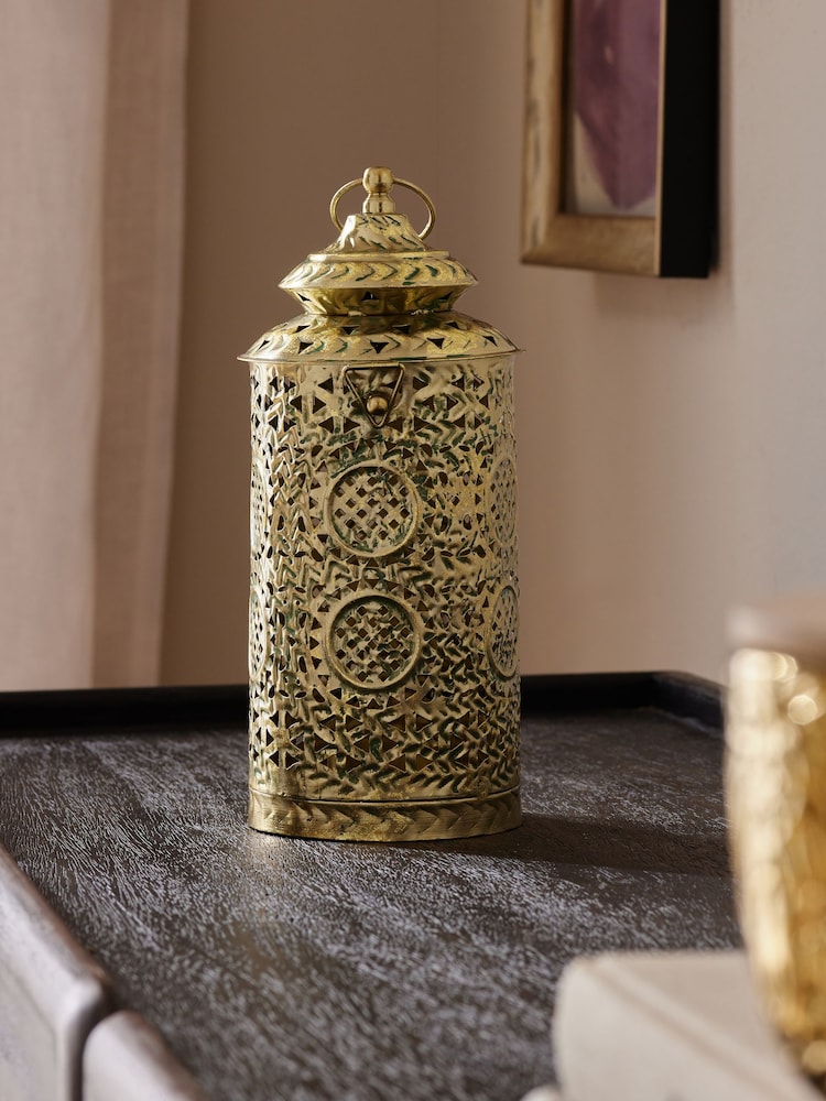 Gold Small Patterned Cutout Metal Lantern - Image 1 of 6 Gold Small Patterned Cutout Metal Lantern - Image 1 of 6