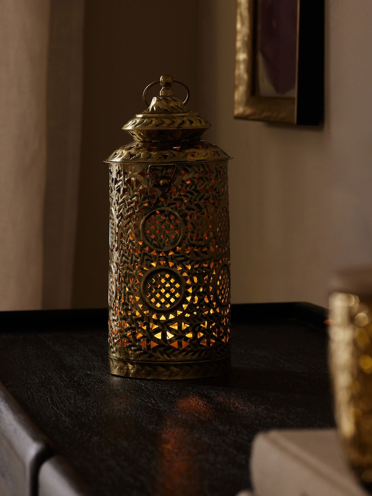 Gold Small Patterned Cutout Metal Lantern - Image 2 of 6 Gold Small Patterned Cutout Metal Lantern - Image 2 of 6