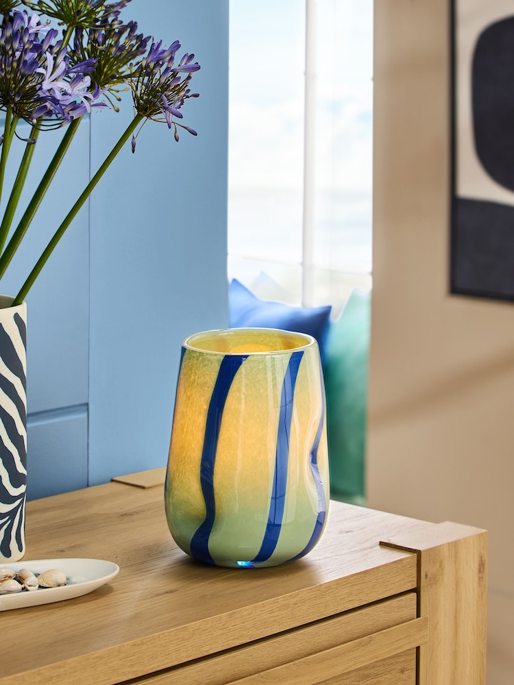 Blue/Green Stripe Glass Hurricane Candle Holder - Image 2 of 6