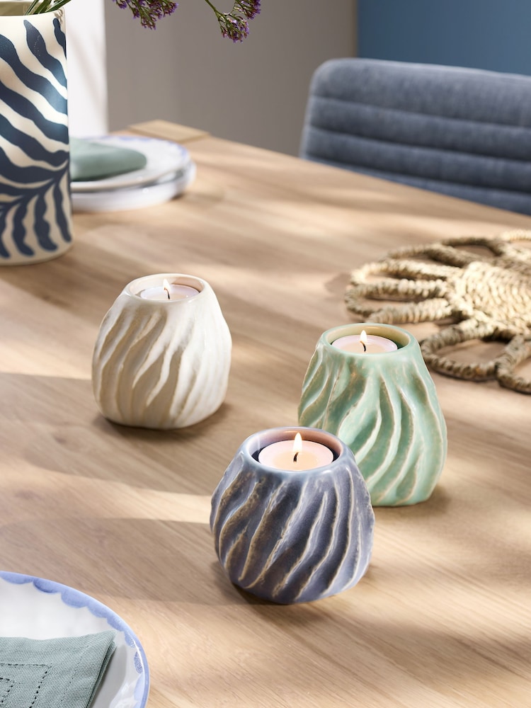 Set of 3 Blue/White/Green Ceramic Tea Light Holders - Image 1 of 7