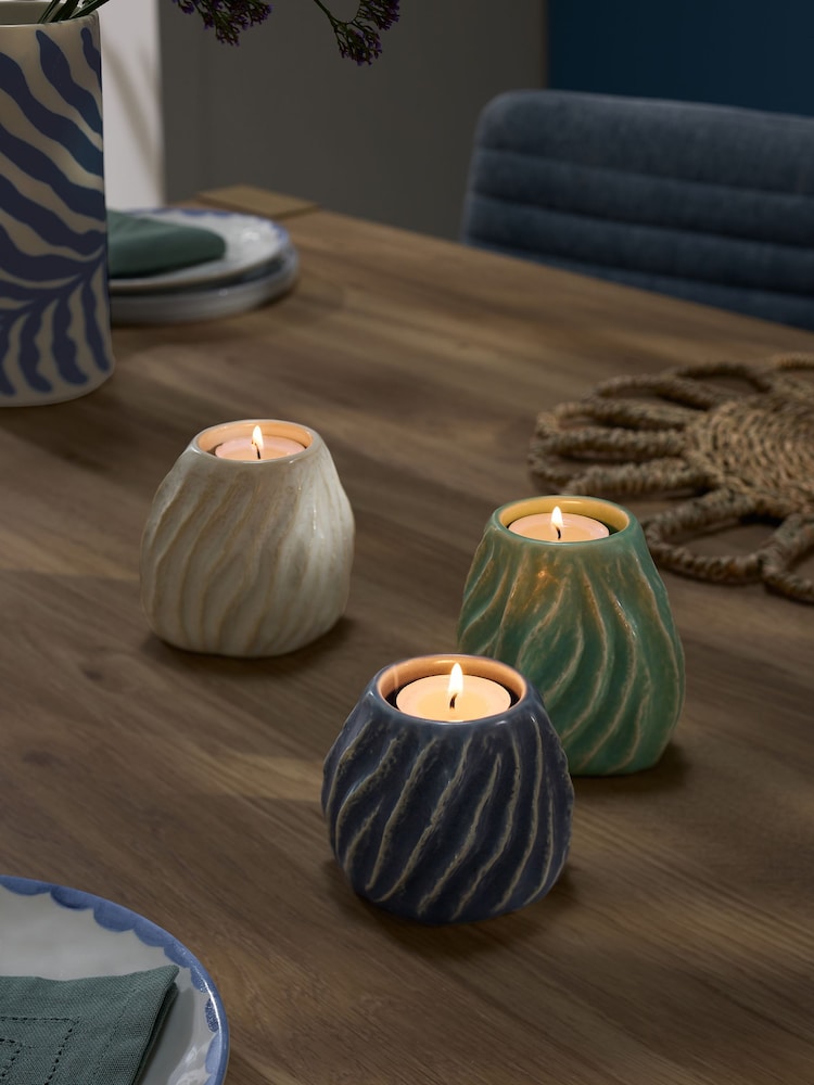 Set of 3 Blue/White/Green Ceramic Tea Light Holders - Image 2 of 7