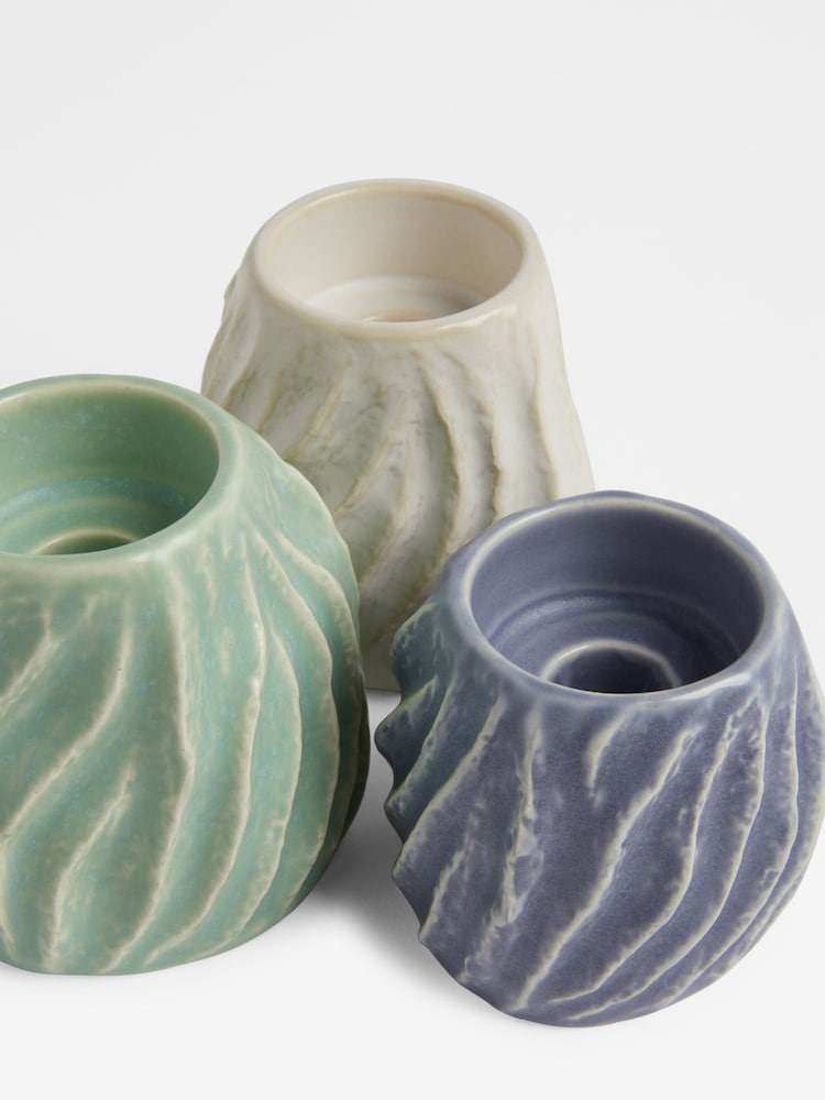 Set of 3 Blue/White/Green Ceramic Tea Light Holders - Image 7 of 7