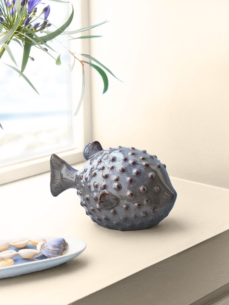Blue Ceramic Puffer Fish Ornament - Image 1 of 7
