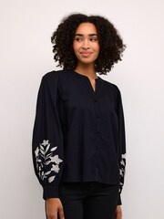 Kaffe KAnatali V-Notch Neck Embroidery 100% Cotton Black Shirt - Image 1 of 5