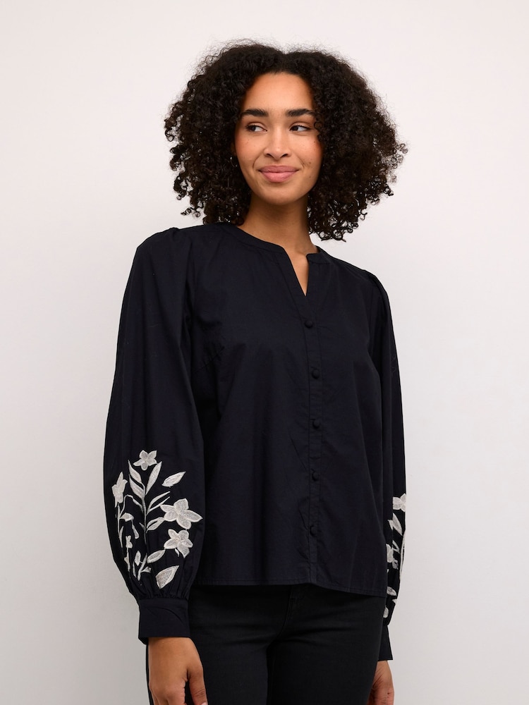 Kaffe KAnatali V-Notch Neck Embroidery 100% Cotton Black Shirt - Image 1 of 5