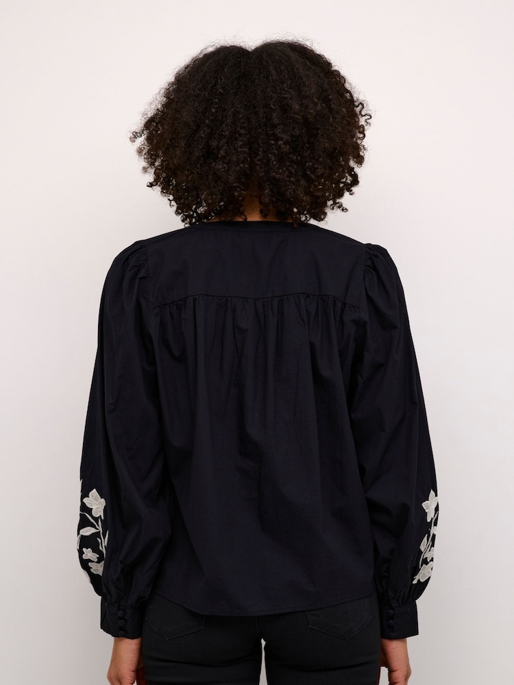 Kaffe KAnatali V-Notch Neck Embroidery 100% Cotton Black Shirt - Image 2 of 5