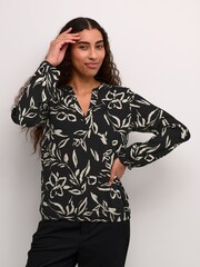 Kaffe KAditte V-Notch Neck Elastic Hem Black Blouse - Image 1 of 6