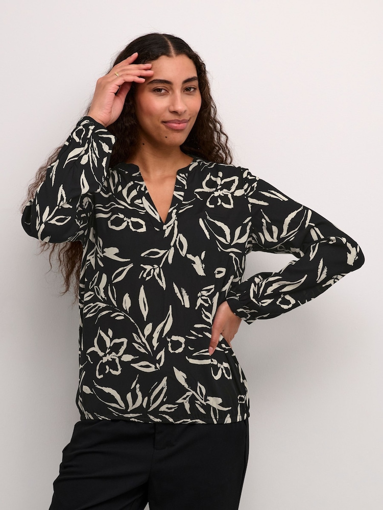 Kaffe KAditte V-Notch Neck Elastic Hem Black Blouse - Image 1 of 6