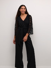 Kaffe KAemily Lace Sleeve Wide Leg Black Jumpsuit - Image 1 of 4