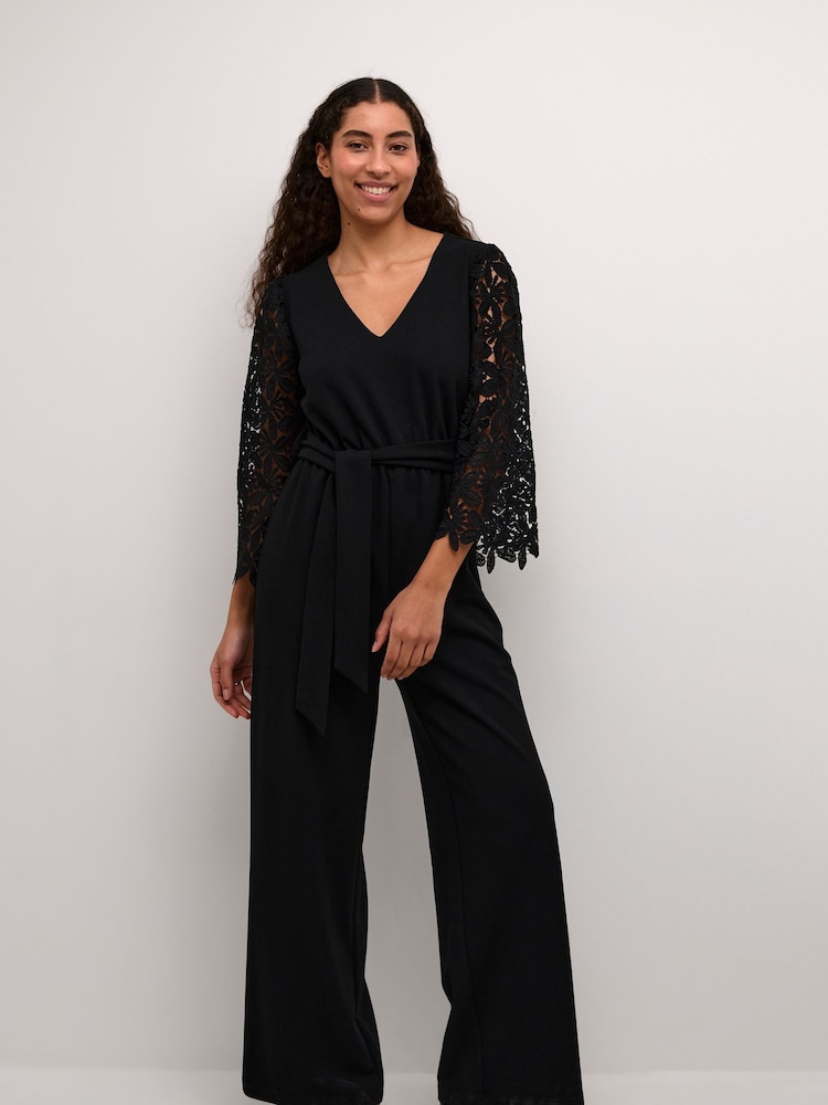 Kaffe KAemily Lace Sleeve Wide Leg Black Jumpsuit - Image 1 of 4