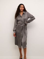 Kaffe Grey KAlotte Tie Waist Satin Shirt Dress - Image 1 of 5