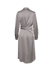 Kaffe Grey KAlotte Tie Waist Satin Shirt Dress - Image 5 of 5