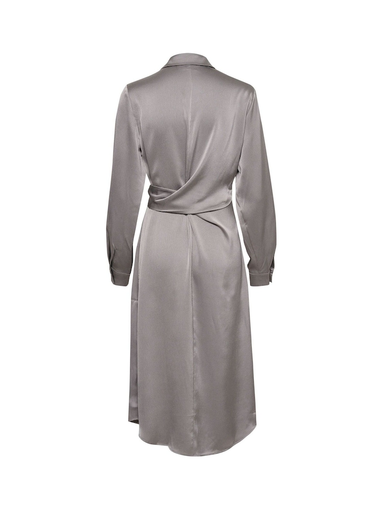 Kaffe Grey KAlotte Tie Waist Satin Shirt Dress - Image 5 of 5