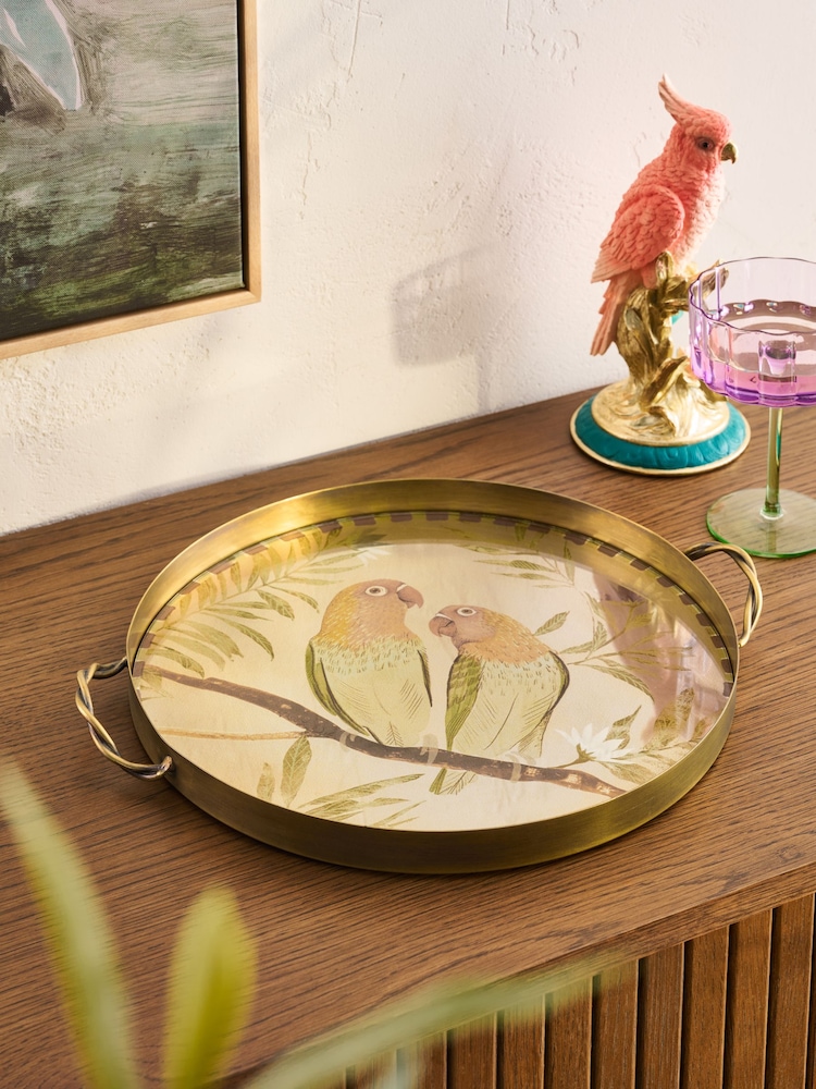 Gold Mirrored Parrot Metal Tray - Image 1 of 3 Gold Mirrored Parrot Metal Tray - Image 1 of 3