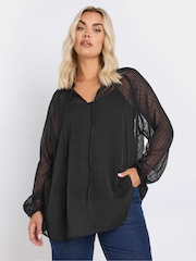 Yours Curve Black Tie Neck Dobby Blouse - Image 1 of 4