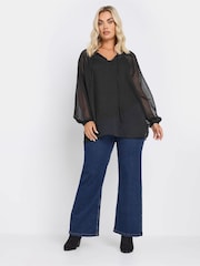 Yours Curve Black Tie Neck Dobby Blouse - Image 2 of 4