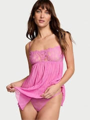 Victoria's Secret New Peony Pink Lace Top Pleated Babydoll Set - Image 1 of 3