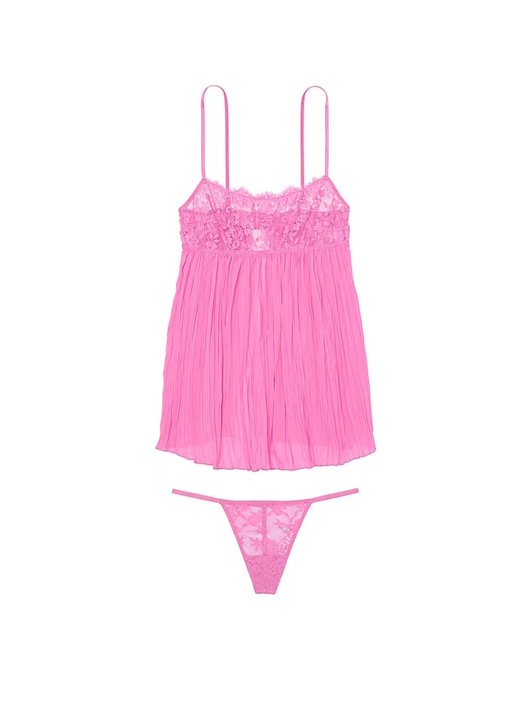 Victoria's Secret New Peony Pink Lace Top Pleated Babydoll Set - Image 3 of 3