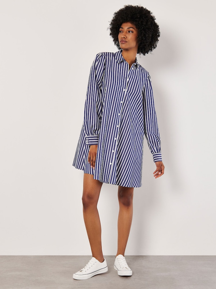 Apricot Blue Stripe Swing Shirt 100% Cotton Dress - Image 2 of 5