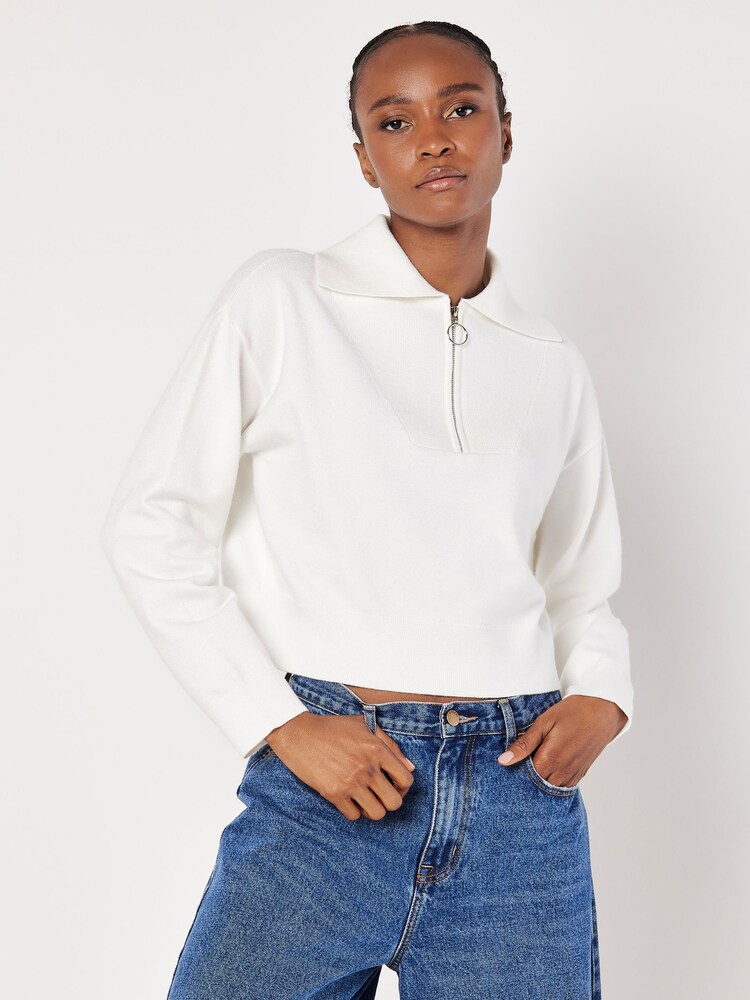 Apricot Cream Zip Collar Cropped Sweatshirt - Image 1 of 4