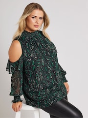Yours Curve Green London Cold Shoulder Shirred Detail Blouse - Image 1 of 4