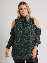 Yours Curve Green London Cold Shoulder Shirred Detail Blouse - Image 2 of 4