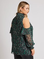 Yours Curve Green London Cold Shoulder Shirred Detail Blouse - Image 3 of 4
