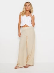 PixieGirl Petite Natural Bonded Wide Leg 100% Cotton Trousers - Image 1 of 5