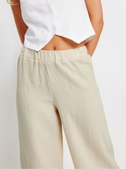 PixieGirl Petite Natural Bonded Wide Leg 100% Cotton Trousers - Image 4 of 5