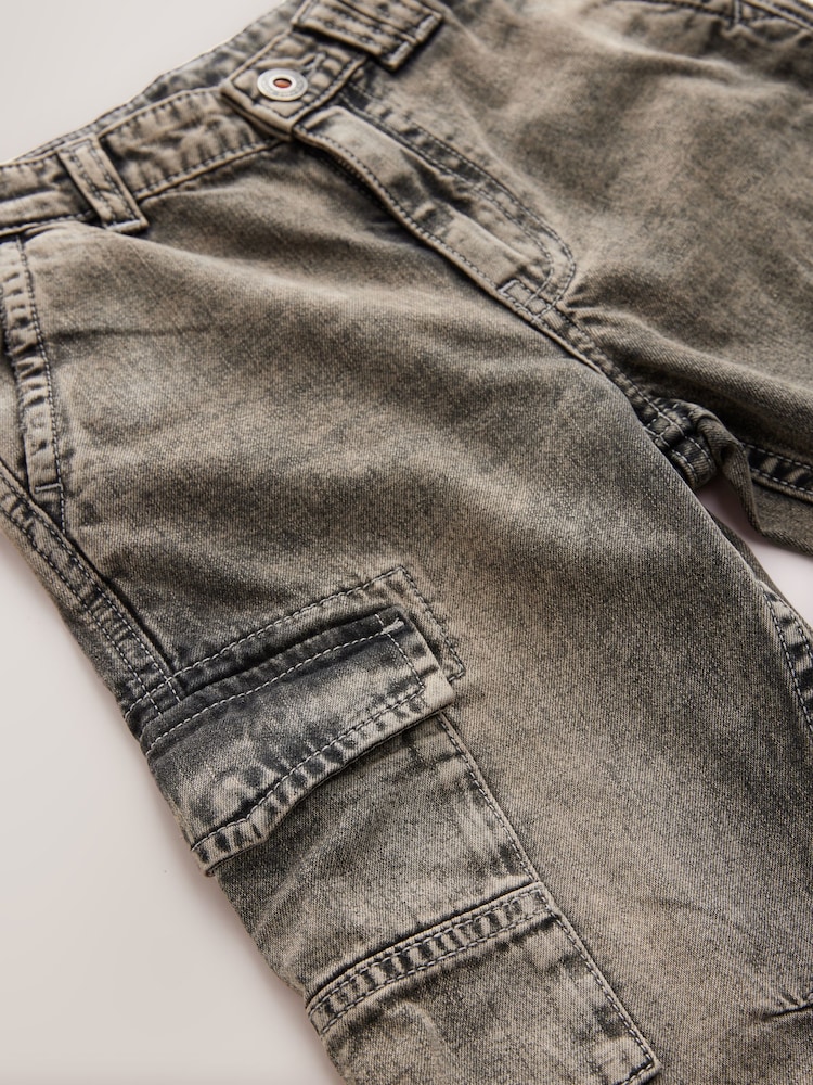 Grey 100% Cotton Cuffed Denim Cargo Jeans (3-16yrs) - Image 7 of 8