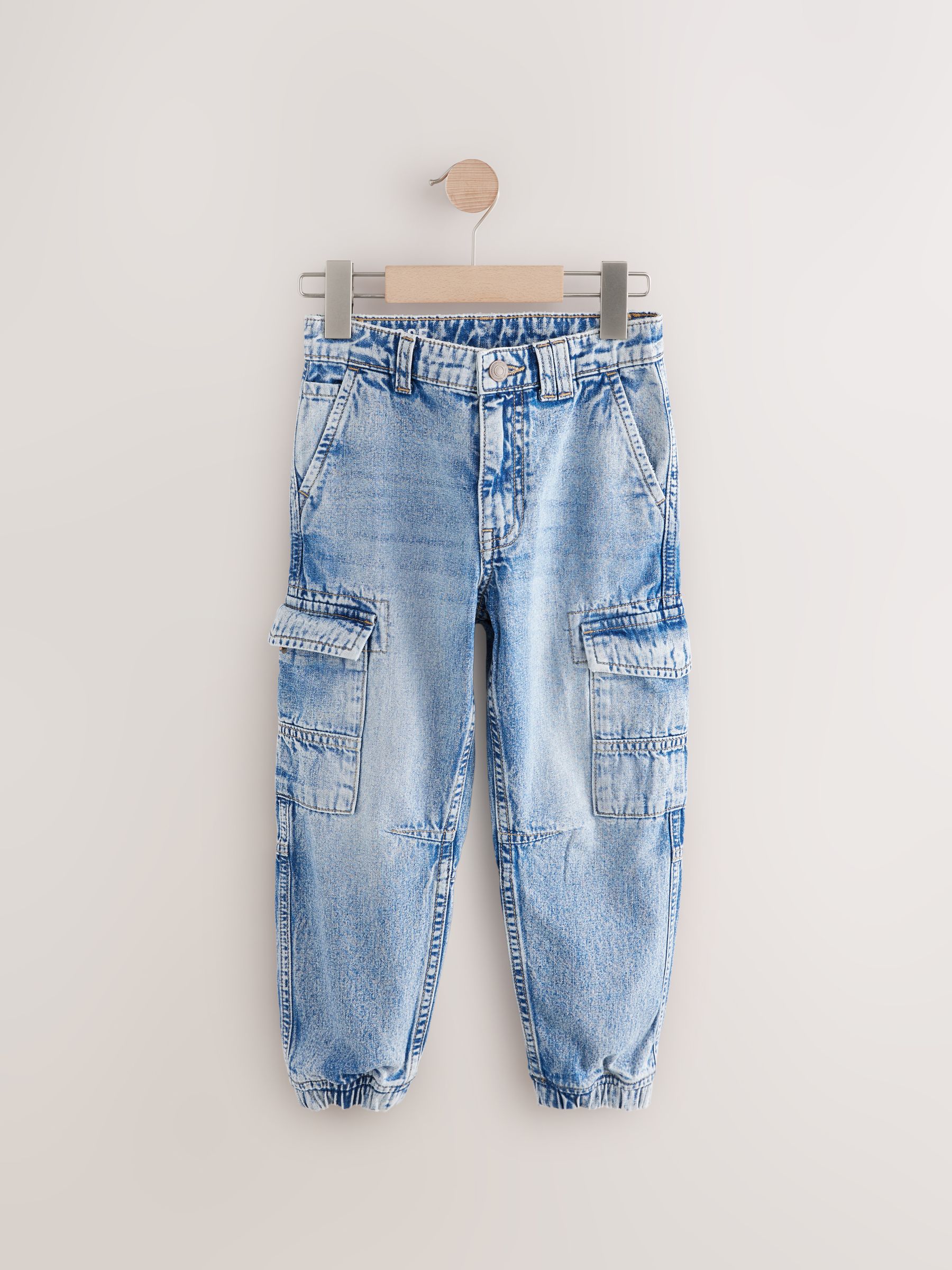 Vintage Blue 100% Cotton Cuffed Denim Cargo Jeans (3-16yrs)
