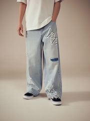 Bleach Distressed Super-wide Fit 100% Cotton Graffiti Denim Jeans (3-16yrs) - Image 1 of 8