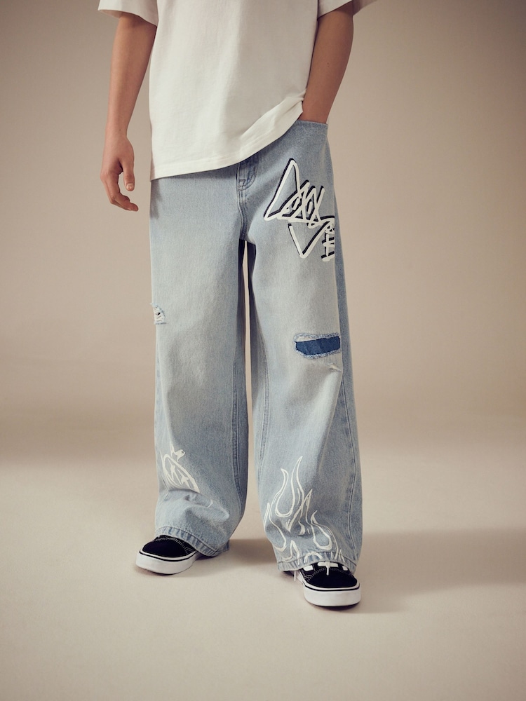 Bleach Distressed Super-wide Fit 100% Cotton Graffiti Denim Jeans (3-16yrs) - Image 1 of 8