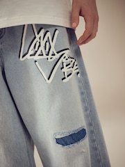 Bleach Distressed Super-wide Fit 100% Cotton Graffiti Denim Jeans (3-16yrs) - Image 4 of 8