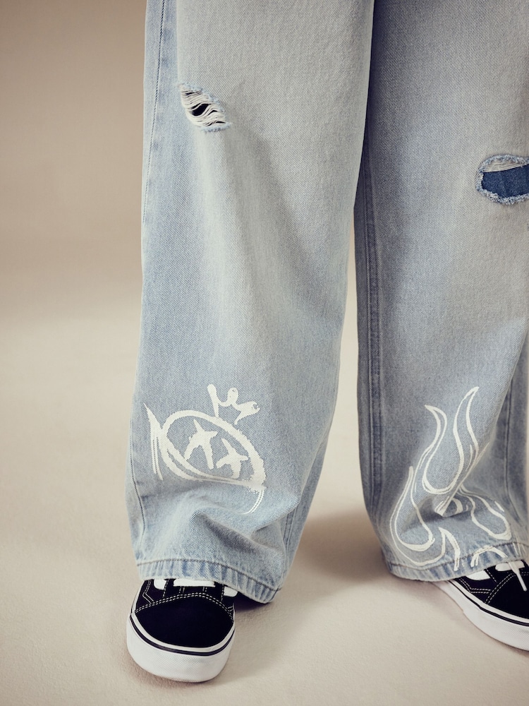 Bleach Distressed Super-wide Fit 100% Cotton Graffiti Denim Jeans (3-16yrs) - Image 5 of 8