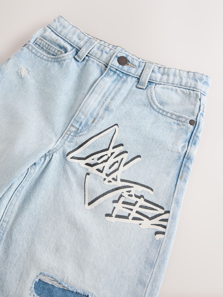 Bleach Distressed Super-wide Fit 100% Cotton Graffiti Denim Jeans (3-16yrs) - Image 8 of 8