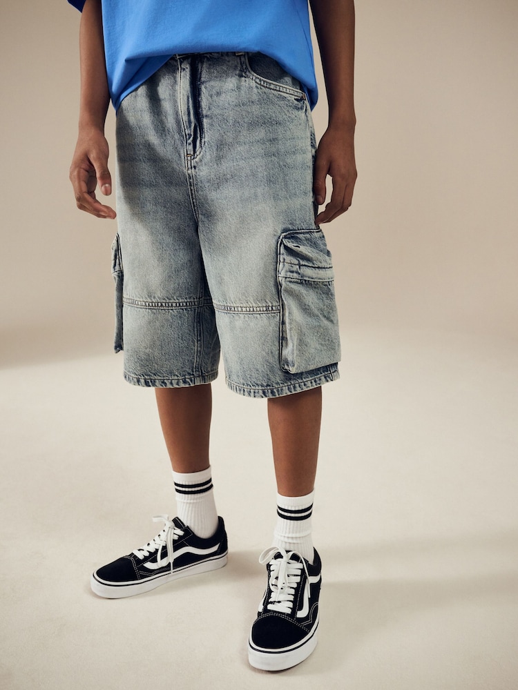 Denim Vintage Long Line Cargo Jort 100% Cotton Shorts (3-16yrs) - Image 1 of 7