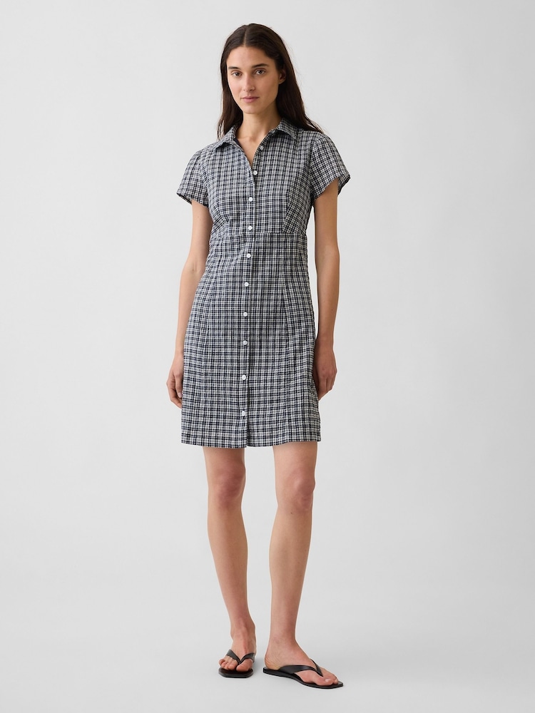 Gap Navy Check Empire Elasticated Waist Mini Shirt Dress - Image 1 of 4 Gap Navy Check Empire Elasticated Waist Mini Shirt Dress - Image 1 of 4