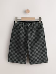 Black Checkerboard Long Line Jort Denim Shorts (3-16yrs) - Image 6 of 9