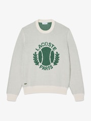 Lacoste Cream Ribbed Jacquard Chunky Cotton Crew Neck Sweater - Image 1 of 2